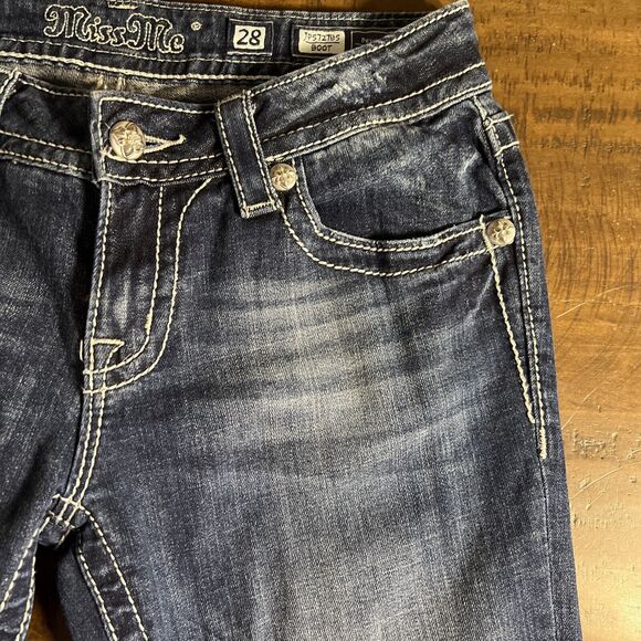 MISS ME WOMENS JEANS SZ 28 MID RISE BOOTCUT JP5727B5 LOVE PEACE DISTRESSED - Picture 6 of 10
